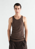 Tank top in brown ribbed jersey by LEMAIRE worn by model front view on white background