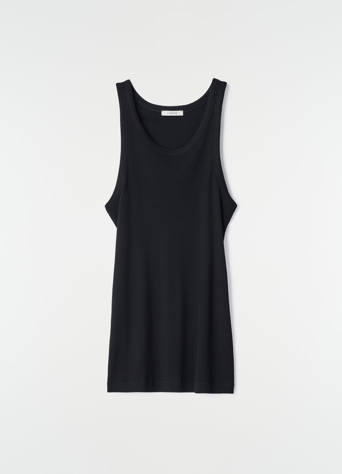 Black ribbed jersey tank top LEMAIRE flat lay on white background, primary product shot