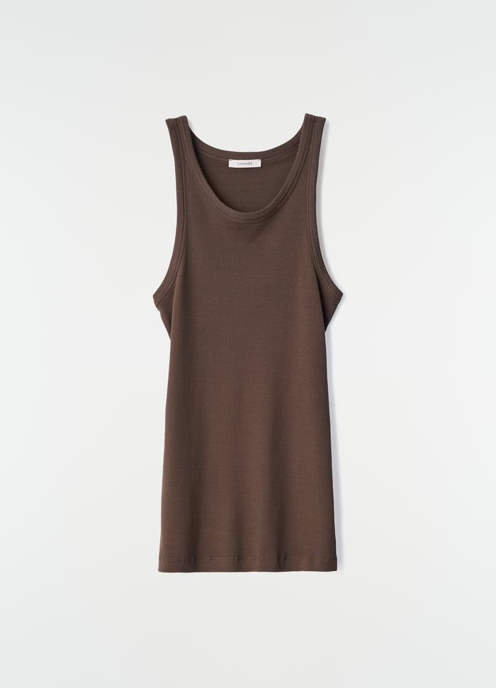 Tank top in brown ribbed jersey with scoop neck LEMAIRE flat lay on white background, primary product shot