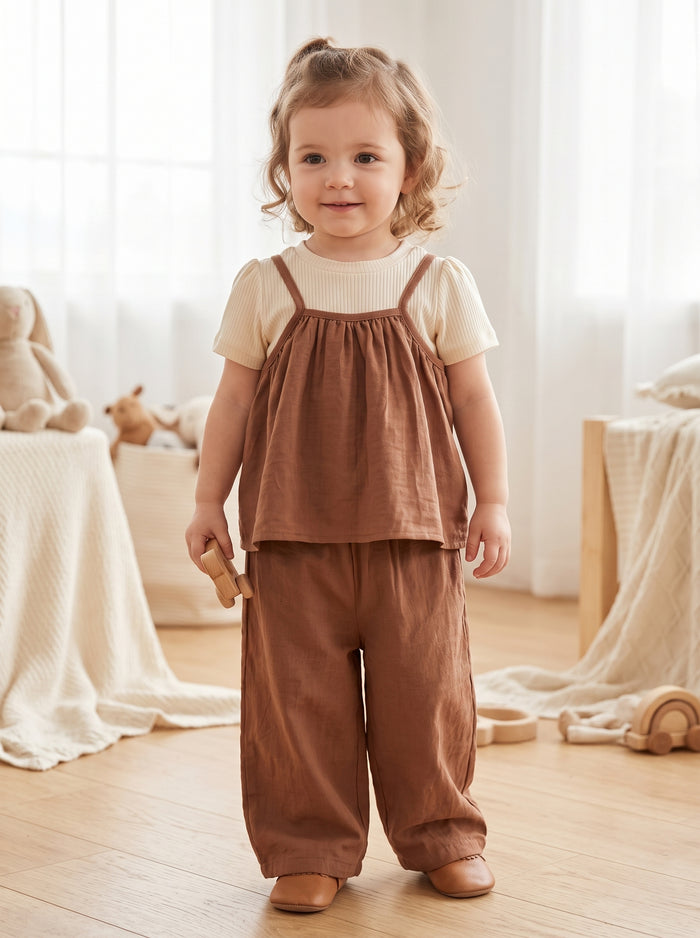 🤎 Ribbed Tee & Cami Wide-Leg Pants Set