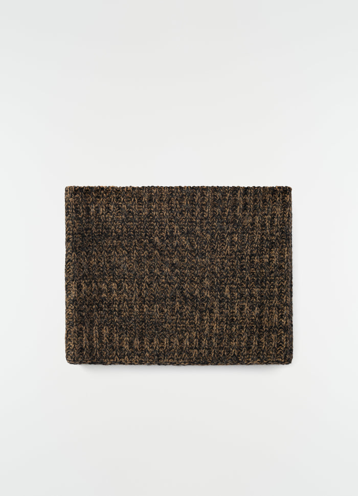 Neck warmer in brown alpaca and yak wool blend by LEMAIRE flat lay on white background