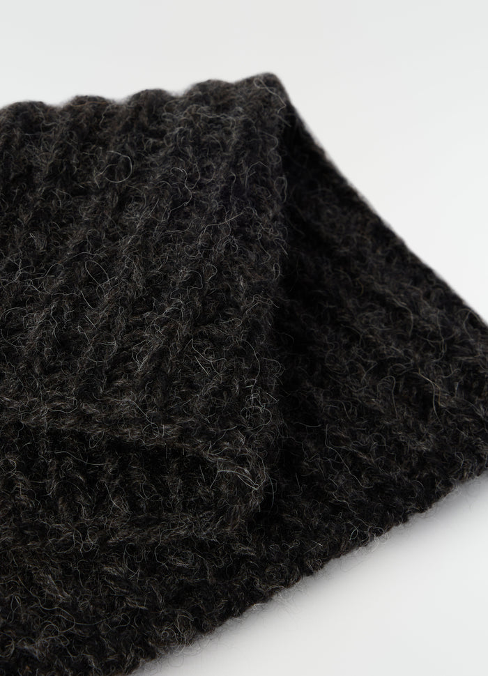 Neck warmer LEMAIRE black alpaca and yak wool blend close-up detail on plain white background