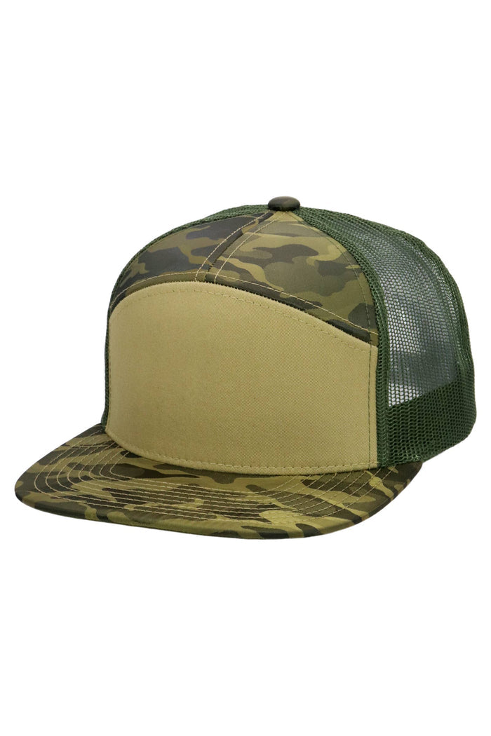 Solid Front Nylon Camo 7 Panel Flat Trucker Hat