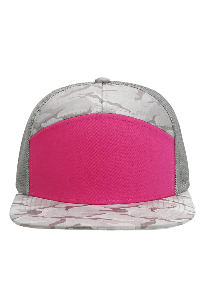 Solid Front Nylon Camo 7 Panel Flat Trucker Hat