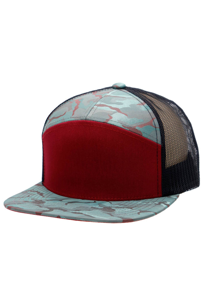 Solid Front Nylon Camo 7 Panel Flat Trucker Hat