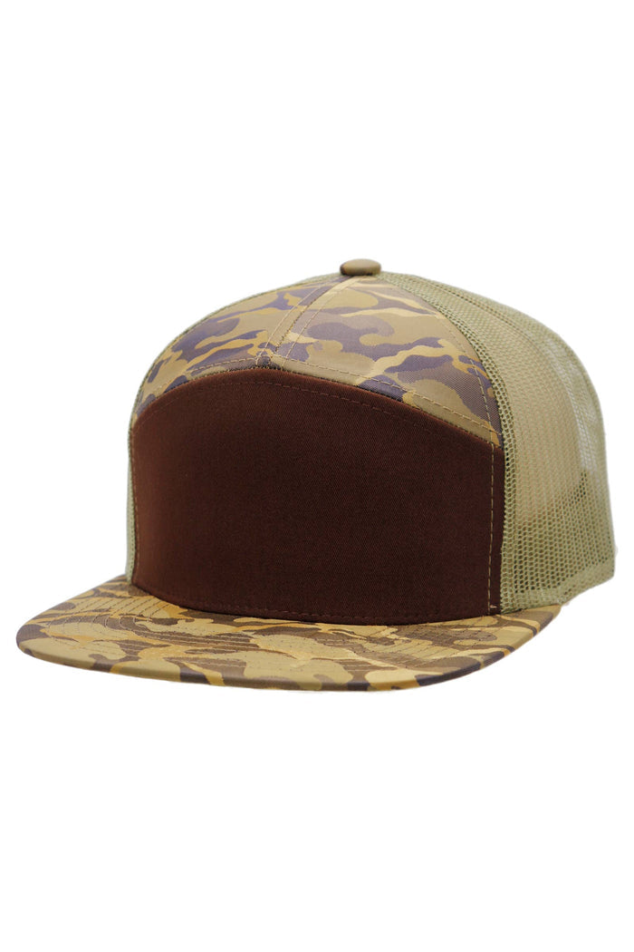Solid Front Nylon Camo 7 Panel Flat Trucker Hat