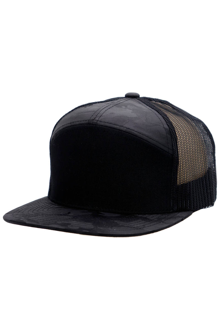 Solid Front Nylon Camo 7 Panel Flat Trucker Hat