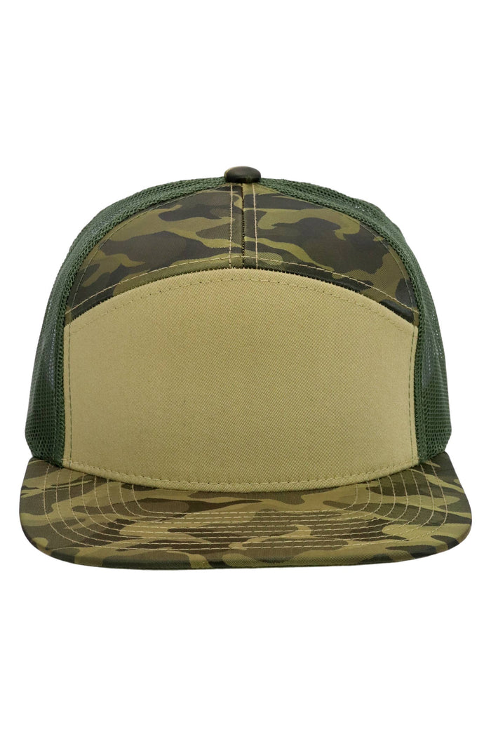 Solid Front Nylon Camo 7 Panel Flat Trucker Hat