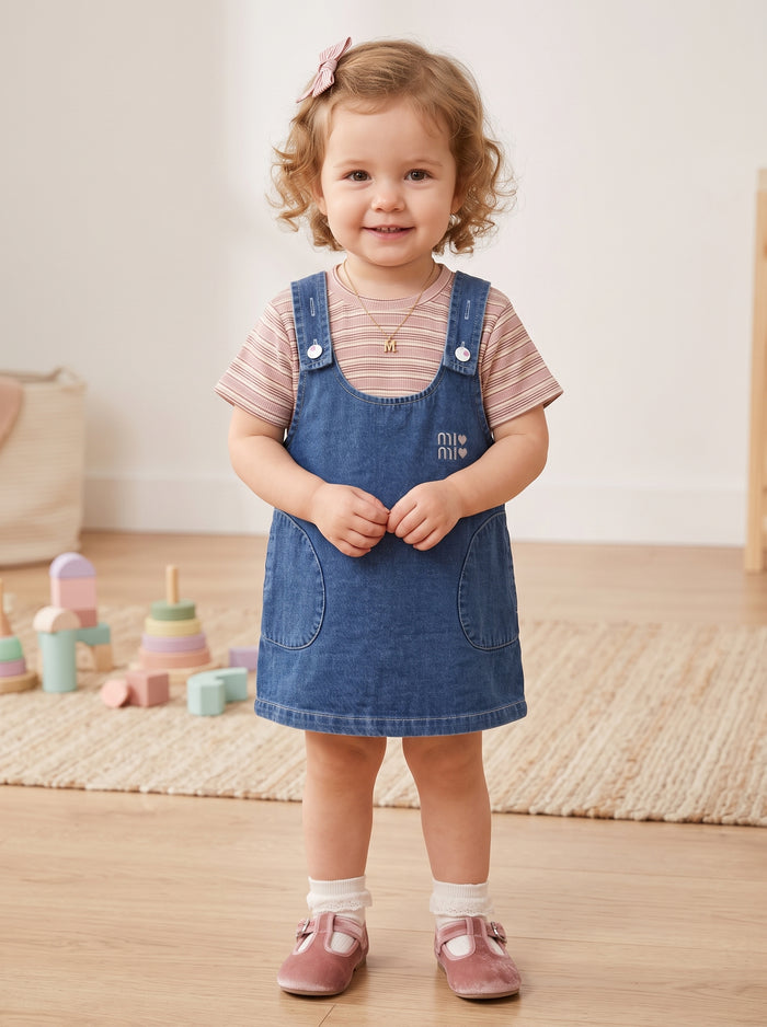 🩵 Stripe Tee & Denim Overall Dress Set