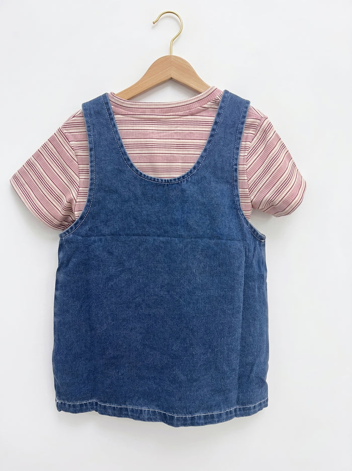 🩵 Stripe Tee & Denim Overall Dress Set
