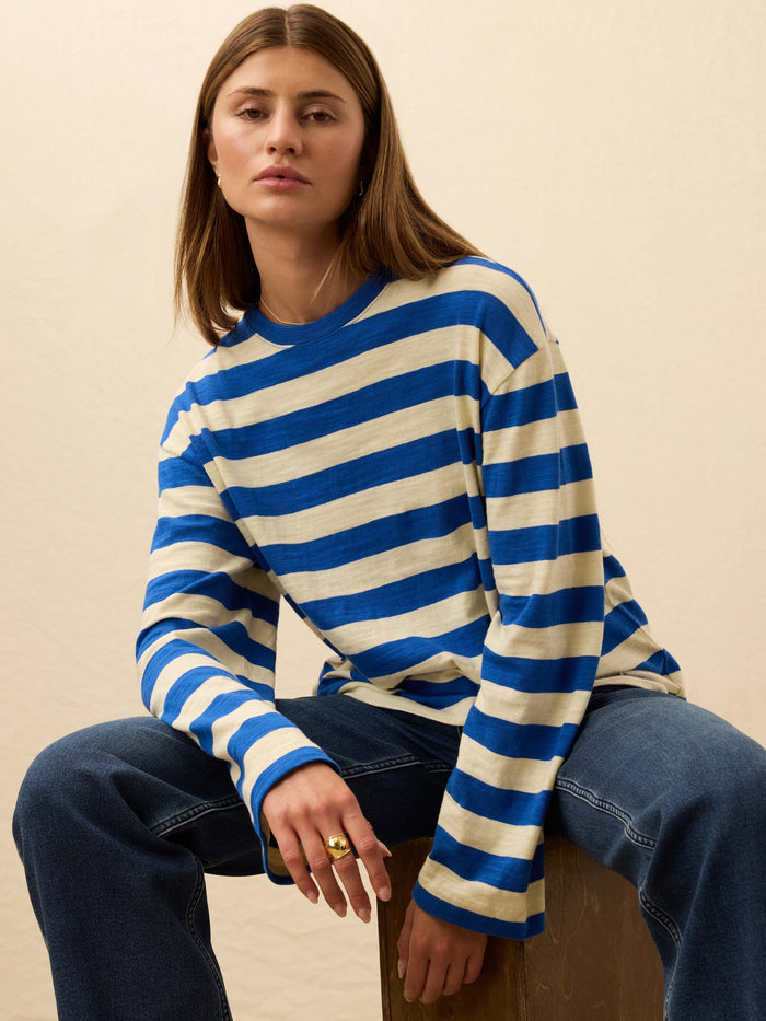 | Sunwashed Organic Long-Sleeve Retro Tee - Sea Stripe | Faherty Brand