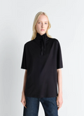 Lemaire T-Shirt with Foulard in Black Cotton Jersey, model shot, Front view Boxy fit stand collar