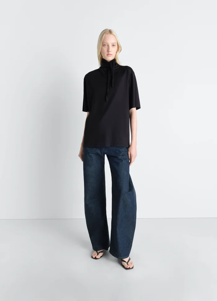 Lemaire T-Shirt with Foulard in Black Cotton Jersey, model shot, 3/4 front view short sleeve loose fit