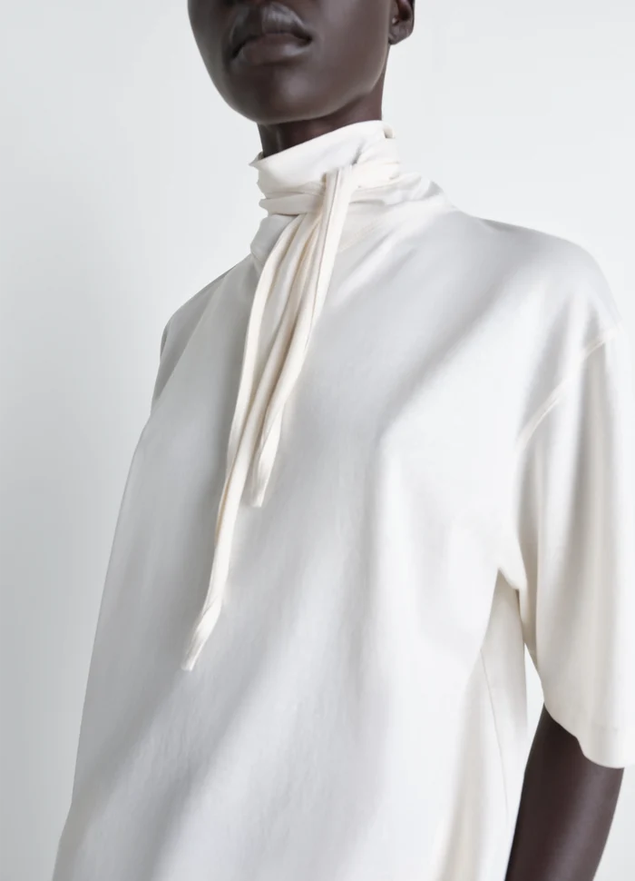 Lemaire T-Shirt with Foulard in Light Mercerised Cotton Jersey, model shot, close-up partial view scarf wrap neck detail