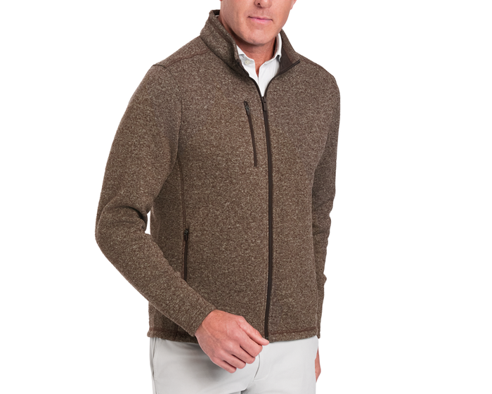 Man wearing a Holderness & Bourne Men’s Chestnut Fleece Jacket on a white background