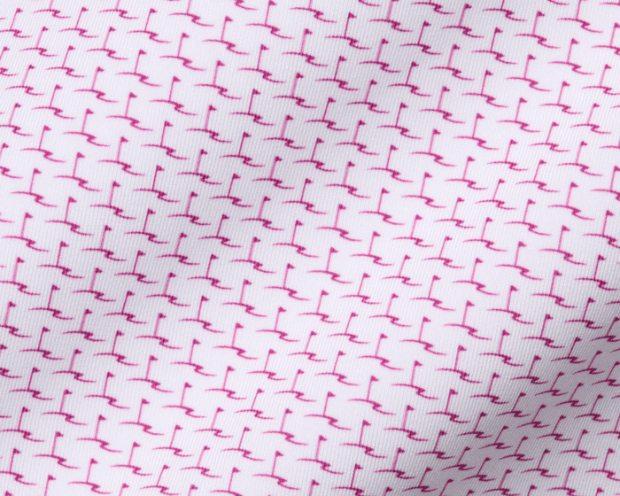 The Atwood Shirt: Cabernet featuring a white knit fabric with a small, pink motif pattern, ideal for golf, offering breathability, moisture wicking, and UPF 50+ protection.