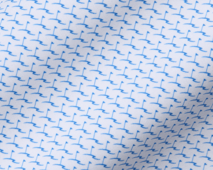 The Atwood Boys Shirt: Horizon Blue features a white woven fabric with a tiny, stylized blue bird motif, offering breathability, moisture-wicking, and UPF 50+ protection.