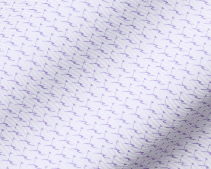 Close-up of The Atwood Shirt: Tudor, showcasing a white fabric with a purple motif pattern, featuring a structured spread collar and signature fit.