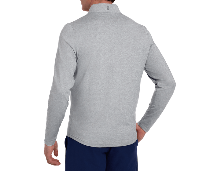 Back view of The Bell Quarter-Zip in heathered gray, featuring a small logo on the collar, highlighting its sporty and sophisticated design.