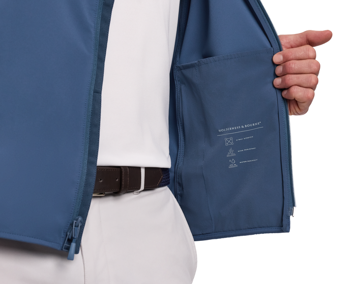 The Boyd Vest: Andover displayed open, highlighting its inside pocket with feature icons for 4-way stretch, wind, and water resistance.
