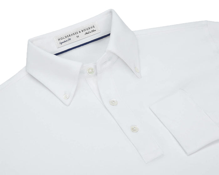 The Burton Shirt: White, Oxford-style with button-down collar, chest pocket, and stretch ribbed cuffs. Features a Holderness & Bourne label inside the collar.