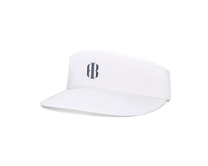 The Cocktail Tour Visor: White with HB Icon displays a white sports-style sun visor with an embroidered logo, adjustable buckle, and moisture-wicking terry cloth sweatband.