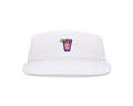 The Cocktail Tour Visor: White with Transfusion Icon featuring an embroidered pink drink glass and PB logo, with adjustable buckle and moisture-wicking sweatband.