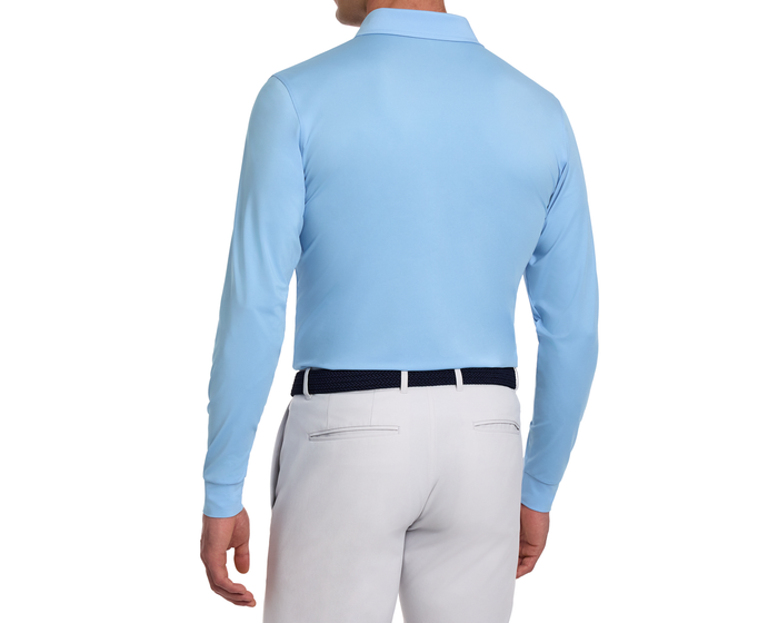 The Farrell Shirt: Vista Blue, shown from the back, features long sleeves, a woven belt, and a spread collar for comfort and style.