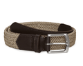 The Fischer Belt: Dune & Fescue Microstripe features a light tan woven design with dark brown leather accents and a polished silver-tone buckle.