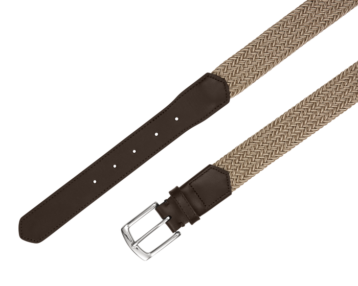 The Fischer Belt: Dune & Fescue Microstripe features a tan woven strap, dark brown leather ends, and a silver buckle, offering style and flexibility.