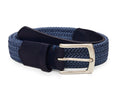 The Fischer Belt: Navy & Slate Microstripe features a two-tone blue braided design with dark leather ends and a polished metal buckle.