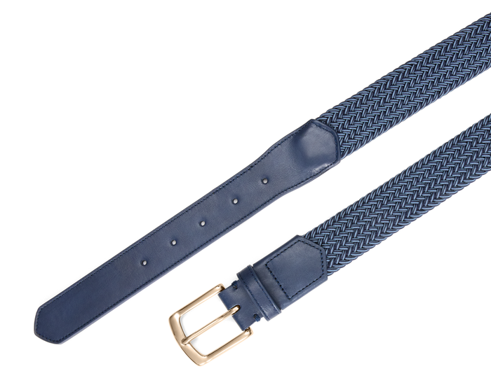 The Fischer Belt: Navy & Slate Microstripe features a navy braided stretch fabric with smooth leather ends and a gold-tone prong buckle.
