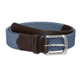 The Fischer Belt: Slate & Navy Basketweave features a blue braided strap, dark brown leather trim, and a shiny silver-tone metal buckle.