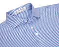 The Fleming Shirt features narrow horizontal stripes, a structured collar, and a three-button placket, offering comfort with moisture-wicking and UPF 50+ protection.