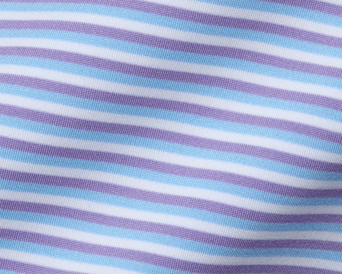 The Fleming Shirt: Tudor/Vista Blue/White, featuring a close-up of its super-soft, striped jersey fabric, showcasing comfort, moisture-wicking, and UPF 50+ protection.