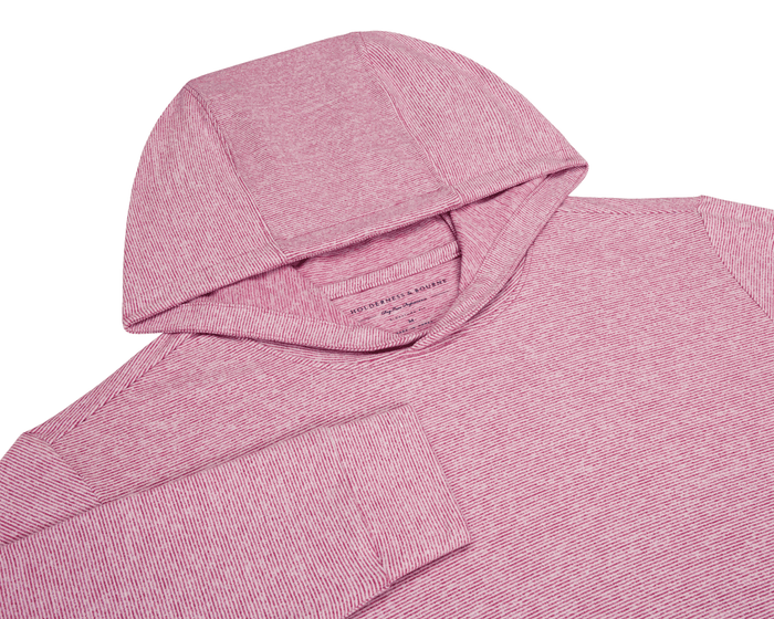 The Hamilton Hoodie: Heathered Cabernet & White, showcases a close-up of its hood, sleeve cuff, and neckline, highlighting the fine-striped, heathered knit fabric.