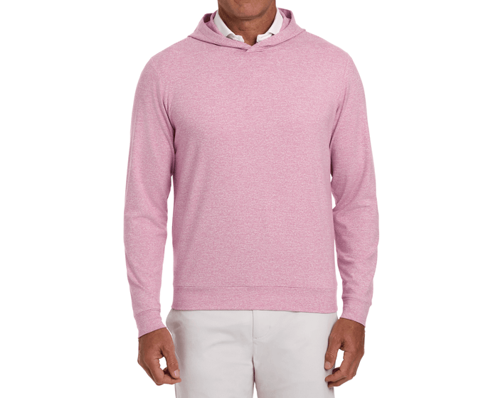 Man wearing The Hamilton Hoodie: Heathered Cabernet & White over a white shirt, paired with light-gray trousers, showcasing its soft, lightweight knit and versatile design.