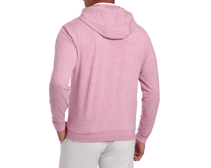 Back view of a person wearing The Hamilton Hoodie: Heathered Cabernet & White, showcasing its heathered stripe pattern and folded-down hood, paired with light-gray pants.