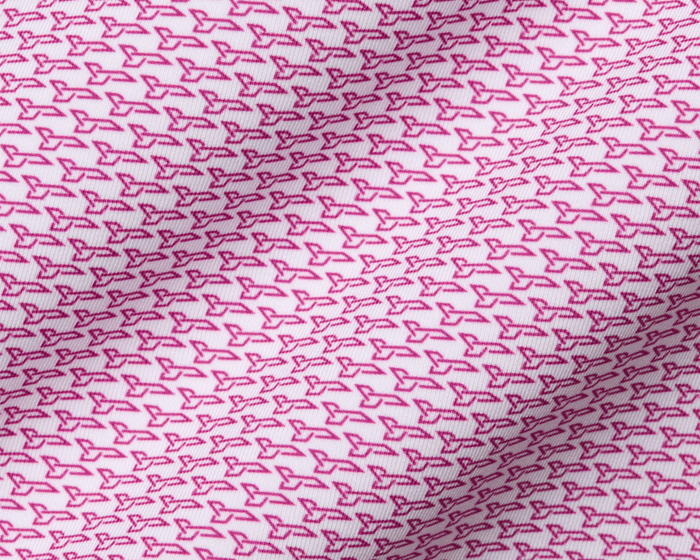 The Hanover Shirt: Cabernet, featuring a close-up of its geometric pattern with pink arrow-like shapes, highlighting its performance jersey fabric and structured spread collar.