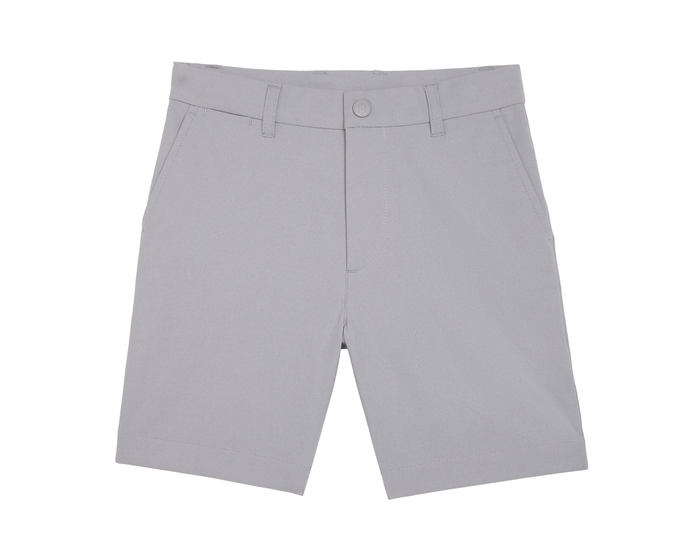 The Harwood Boys Short: Gray, knee-length with button-zip front, belt loops, slanted side pockets. Designed for comfort with performance fabric and non-slip waistband.