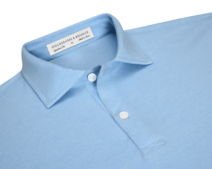 The Hatcher Shirt: Vista Blue & White, featuring a light-blue, short-sleeve design with a structured collar, two-button placket, and smooth pique knit for comfort.