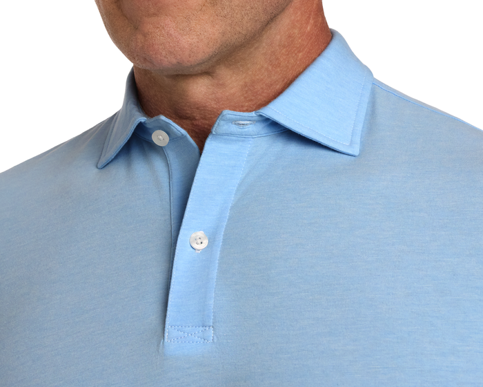 The Hatcher Shirt: Vista Blue & White, showcasing a light blue polo with a classic collar, two buttons, and soft Peruvian Pima cotton fabric.