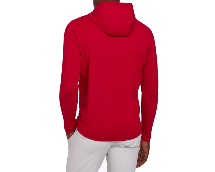 The Jackson Hoodie: Liberty, shown from the back, features a streamlined design, perfect for golf, with lightweight fabric and no drawstrings for an unobstructed swing.