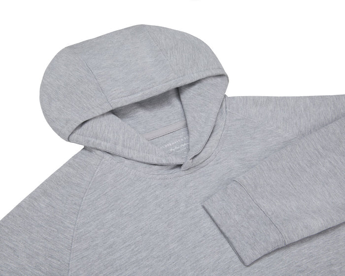 The Lawson Hoodie: Heathered Gray, features a long-sleeve design with a seamless hood and cuffs, crafted for warmth with ultra-soft fabric, minus drawstrings.
