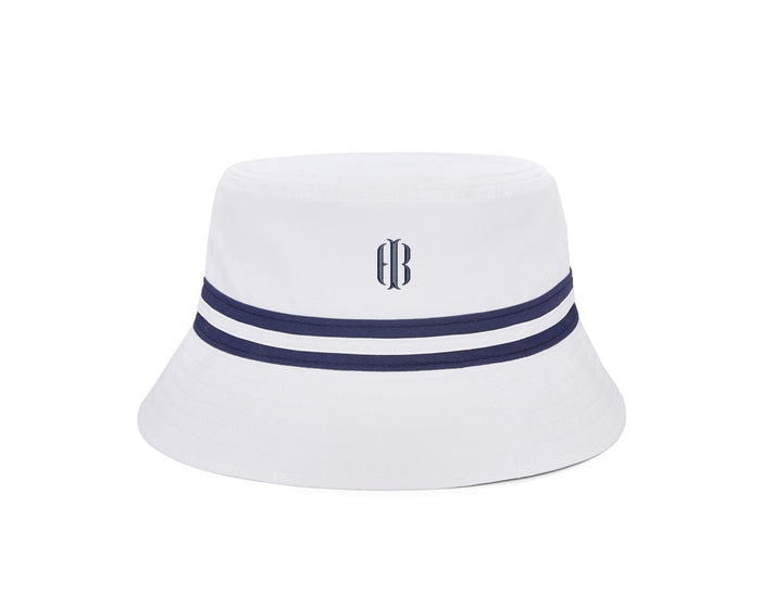 The Lightweight Bucket Hat: White with HB Icon, featuring navy-blue stripes, BB logo, UPF 50+ protection, and moisture-wicking fabric, offers sun protection and comfort.