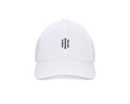 The Lightweight Cotton Hat: White with HB Icon features a gothic monogram on the front, low profile, adjustable closure, and UPF 50+ protection.