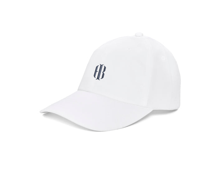 The Lightweight Cotton Hat: White with HB Icon, featuring a low-profile design, embroidered BB logo, adjustable closure, and breathable cotton-twill fabric.