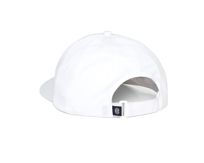 The Lightweight Cotton Hat: White with Transfusion Icon, featuring a rear view with adjustable strap, micro-hook-and-loop closure, and H&B tag visible.