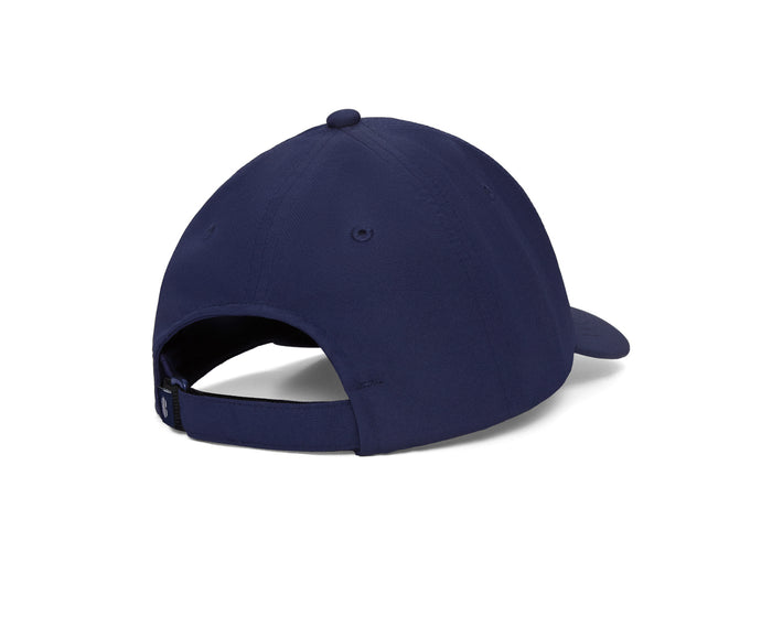 The Lightweight Performance Hat: Navy with Transfusion Icon, featuring a back view with adjustable strap, offers UPF 50+ protection and moisture-wicking for comfort.
