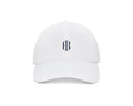 The Lightweight Performance Hat: White with HB Icon, featuring a gothic-style logo, adjustable closure, and UPF 50+ protection, perfect for outdoor activities.